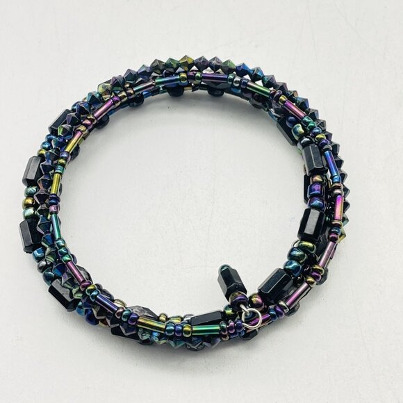 Multi Strand Memory Wire Bracelet Iridescent Beads Black Wrap - Picture 3 of 6